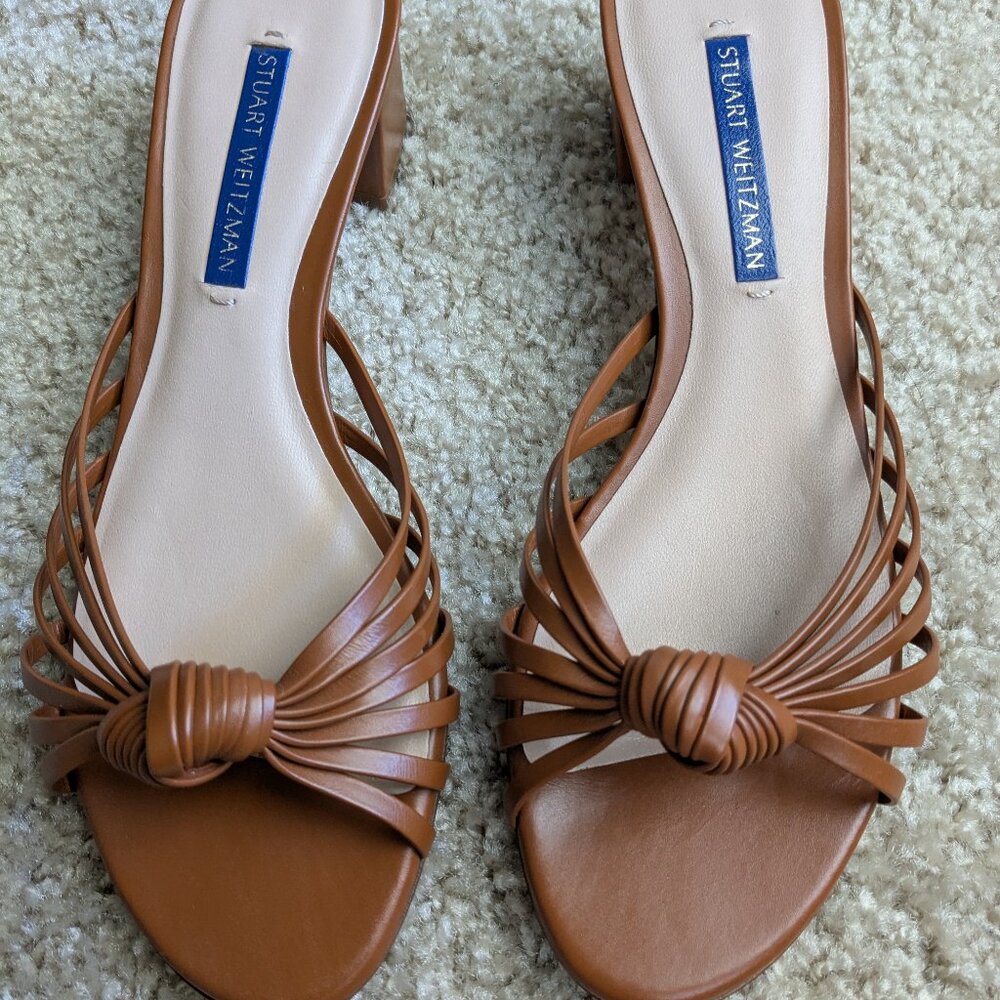 Brown Knotted Stuart Weitzman Leather Sandals Kitten Block Heels